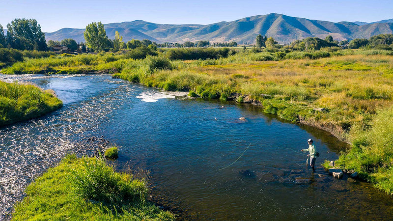 Person fly fishing in a river with mountains in the background