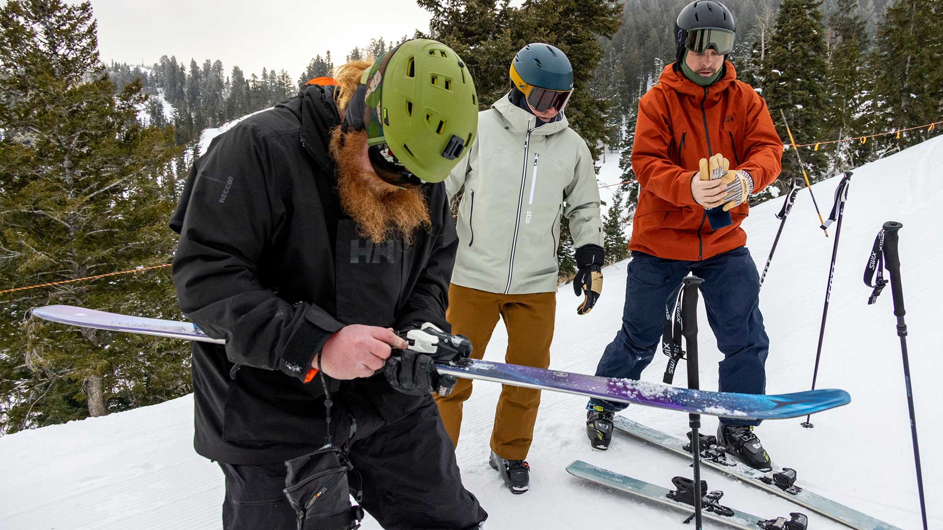 Jans Experts adjusting bindings while testing skis at Deer Valley Resort, Park City, Utah.