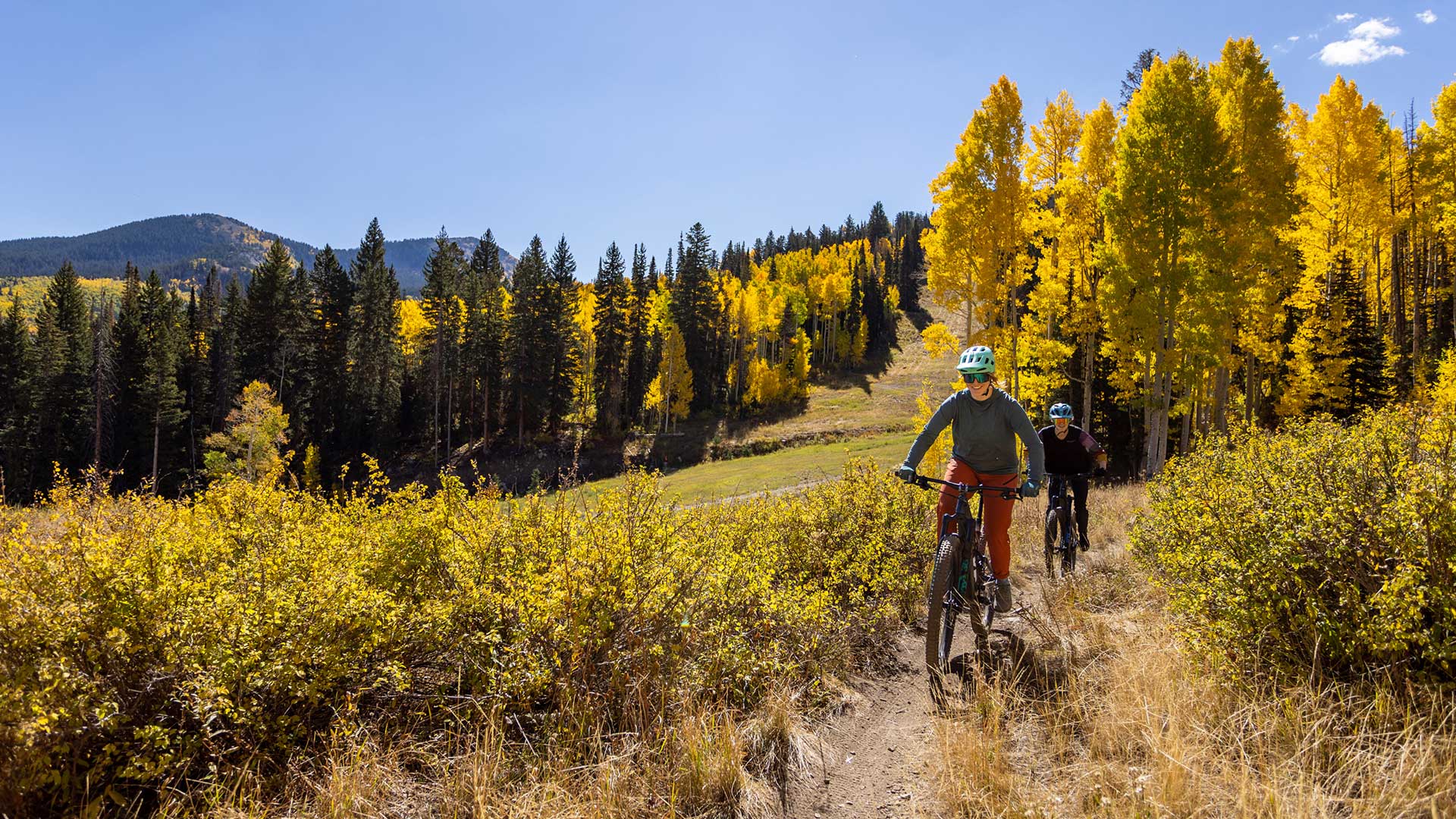 Two mountain bikers on a trail with autumn foliage and blue sky.
