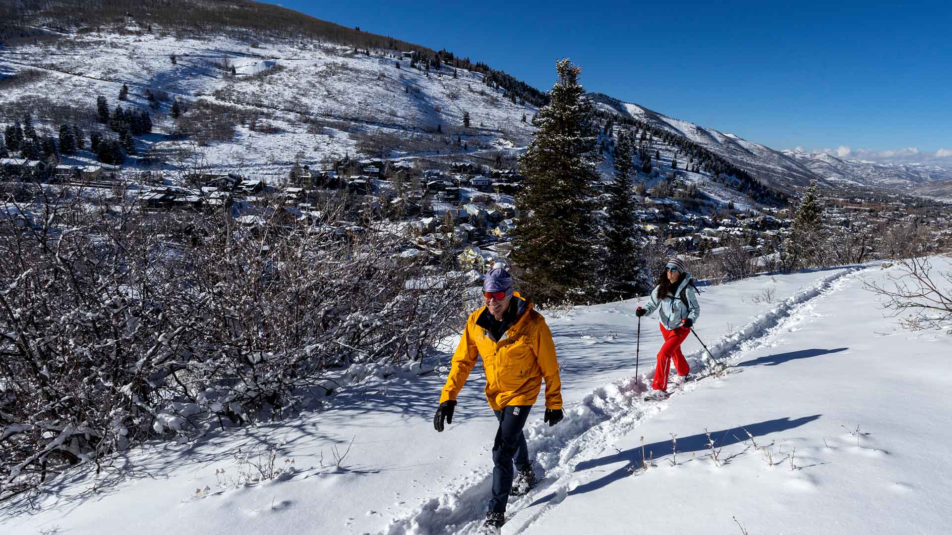 Two skiers on a snowy mountain slope with a clear blue sky
