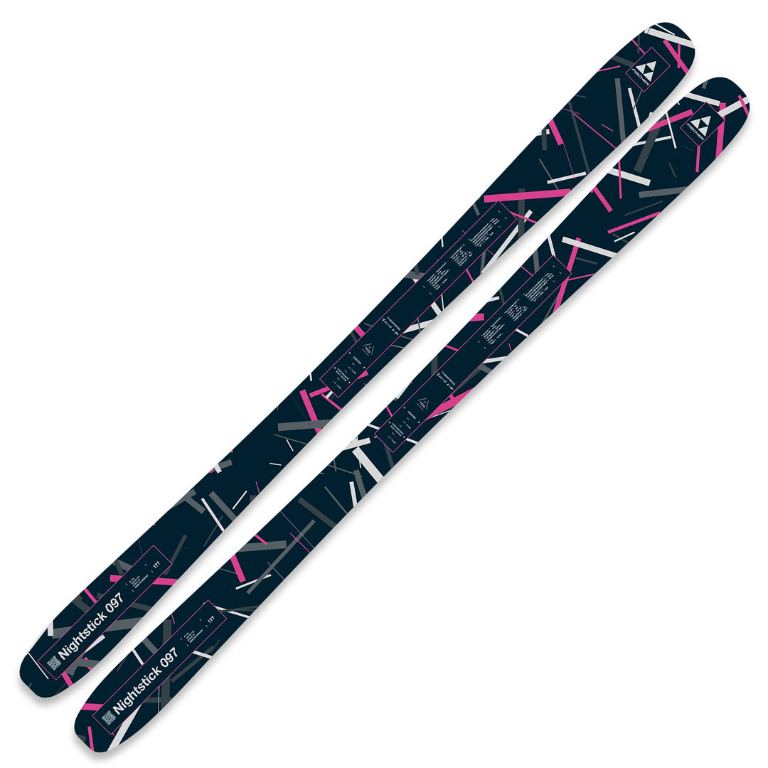 Pair of skis with a dark blue pattern on a white background
