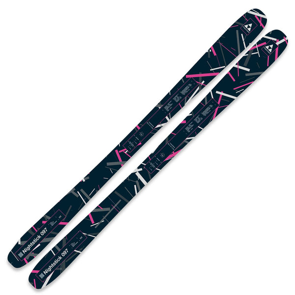 Pair of skis with a dark blue pattern on a white background