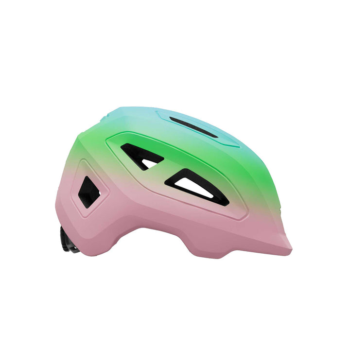 Giro Scamp MIPS II Junior bike helmet in Matte Pink Green, featuring a lightweight design, child-friendly fit system, multiple ventilation openings, and integrated MIPS technology for enhanced comfort and protection on neighborhood rides and family bike adventures.
