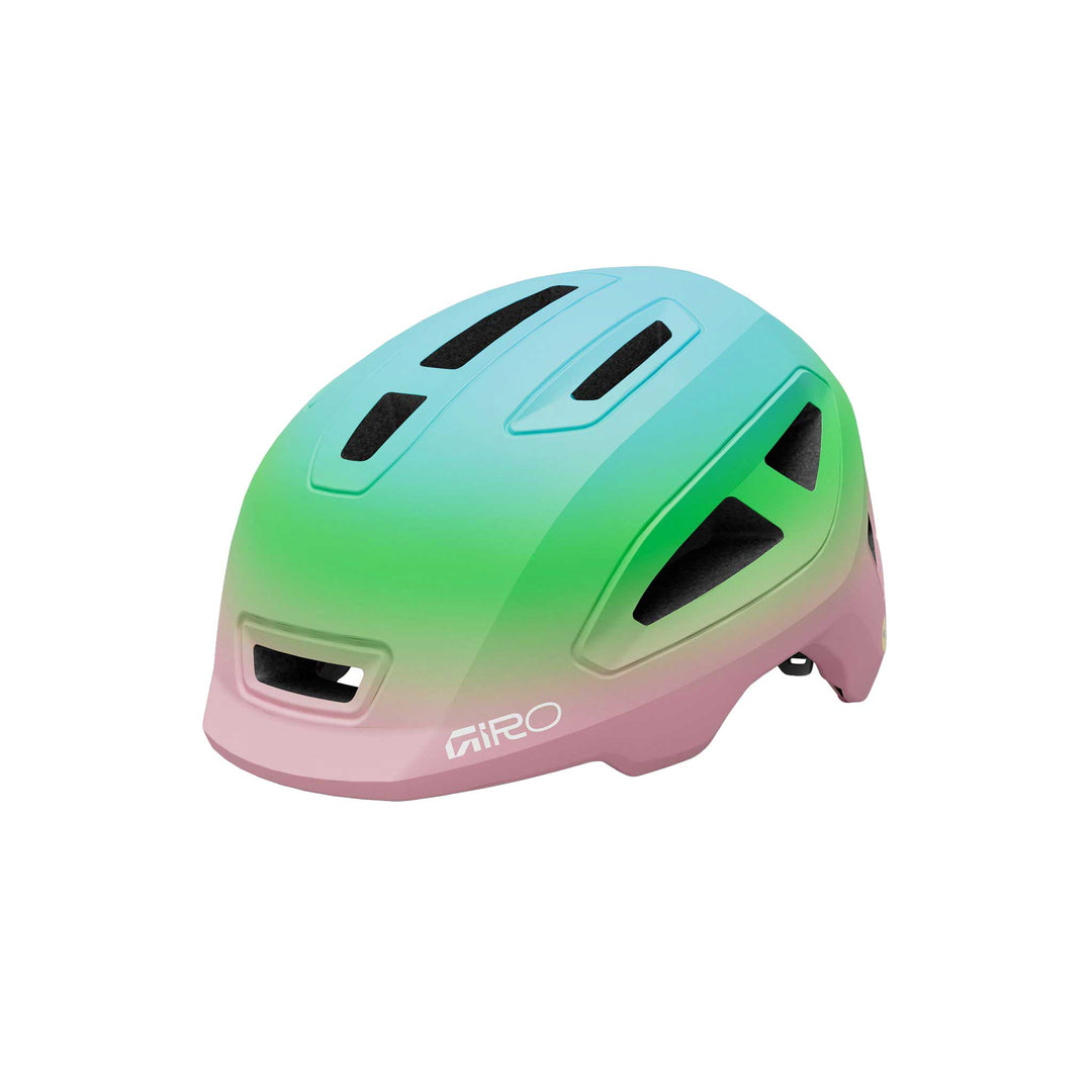 Giro Scamp MIPS II Junior bike helmet in Matte Pink Green, featuring a lightweight design, child-friendly fit system, multiple ventilation openings, and integrated MIPS technology for enhanced comfort and protection on neighborhood rides and family bike adventures.