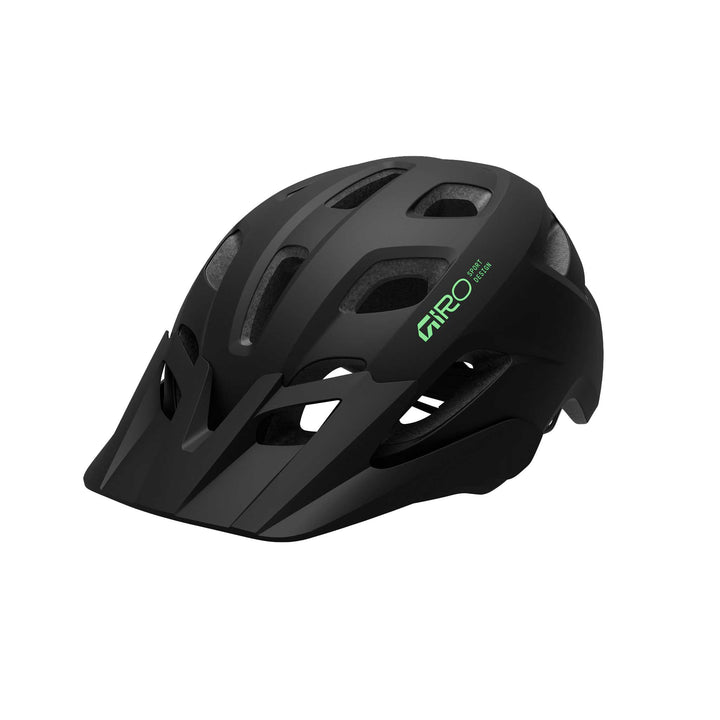 Giro Tremor MIPS Kids' bike helmet in Matte Black and Green, featuring lightweight construction, extended coverage, ample ventilation, a removable visor, and integrated MIPS technology for added protection on everyday rides and trail adventures.