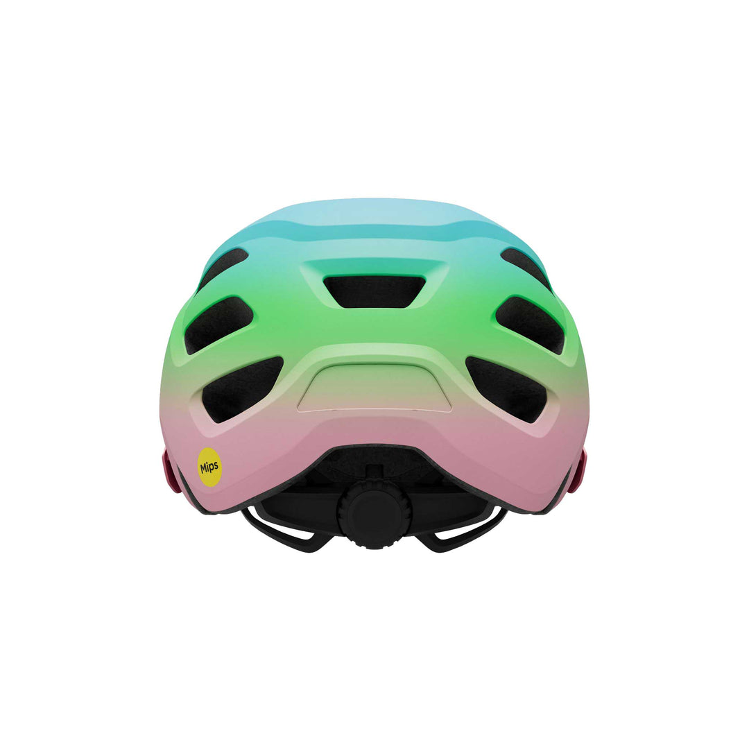 Giro Tremor MIPS Kids' bike helmet in Matte Pink and Green, featuring lightweight construction, extended coverage, ample ventilation, a removable visor, and integrated MIPS technology for added protection on everyday rides and trail adventures.