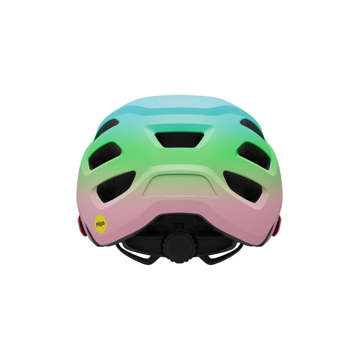 Giro Tremor MIPS Kids' bike helmet in Matte Pink and Green, featuring lightweight construction, extended coverage, ample ventilation, a removable visor, and integrated MIPS technology for added protection on everyday rides and trail adventures.