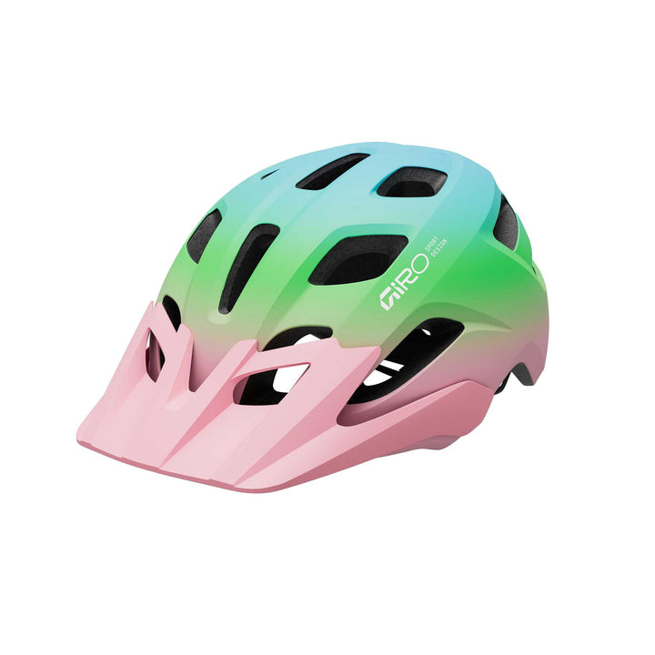 Giro Tremor MIPS Kids' bike helmet in Matte Pink and Green, featuring lightweight construction, extended coverage, ample ventilation, a removable visor, and integrated MIPS technology for added protection on everyday rides and trail adventures.