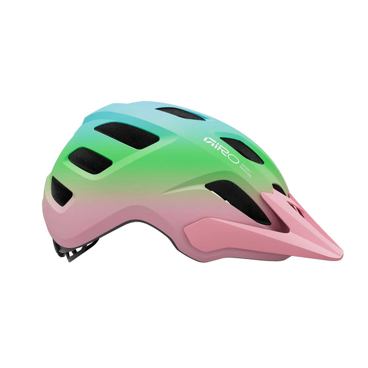Giro Tremor MIPS Kids' bike helmet in Matte Pink and Green, featuring lightweight construction, extended coverage, ample ventilation, a removable visor, and integrated MIPS technology for added protection on everyday rides and trail adventures.
