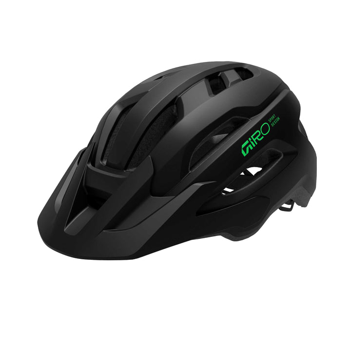 Giro Fixture MIPS II Youth mountain bike helmet in Matte Black and Green, featuring durable trail-ready construction, extended rear coverage, multiple ventilation ports, and integrated MIPS technology for added protection and comfort for young riders.