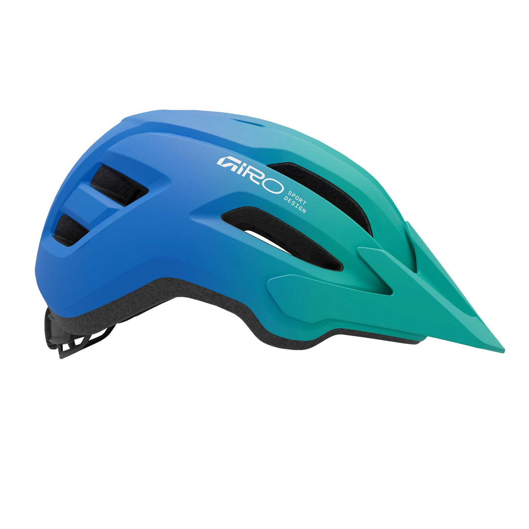 Giro Fixture MIPS II Youth mountain bike helmet in Matte Green and Blue, featuring durable trail-ready construction, extended rear coverage, multiple ventilation ports, and integrated MIPS technology for added protection and comfort for young riders.