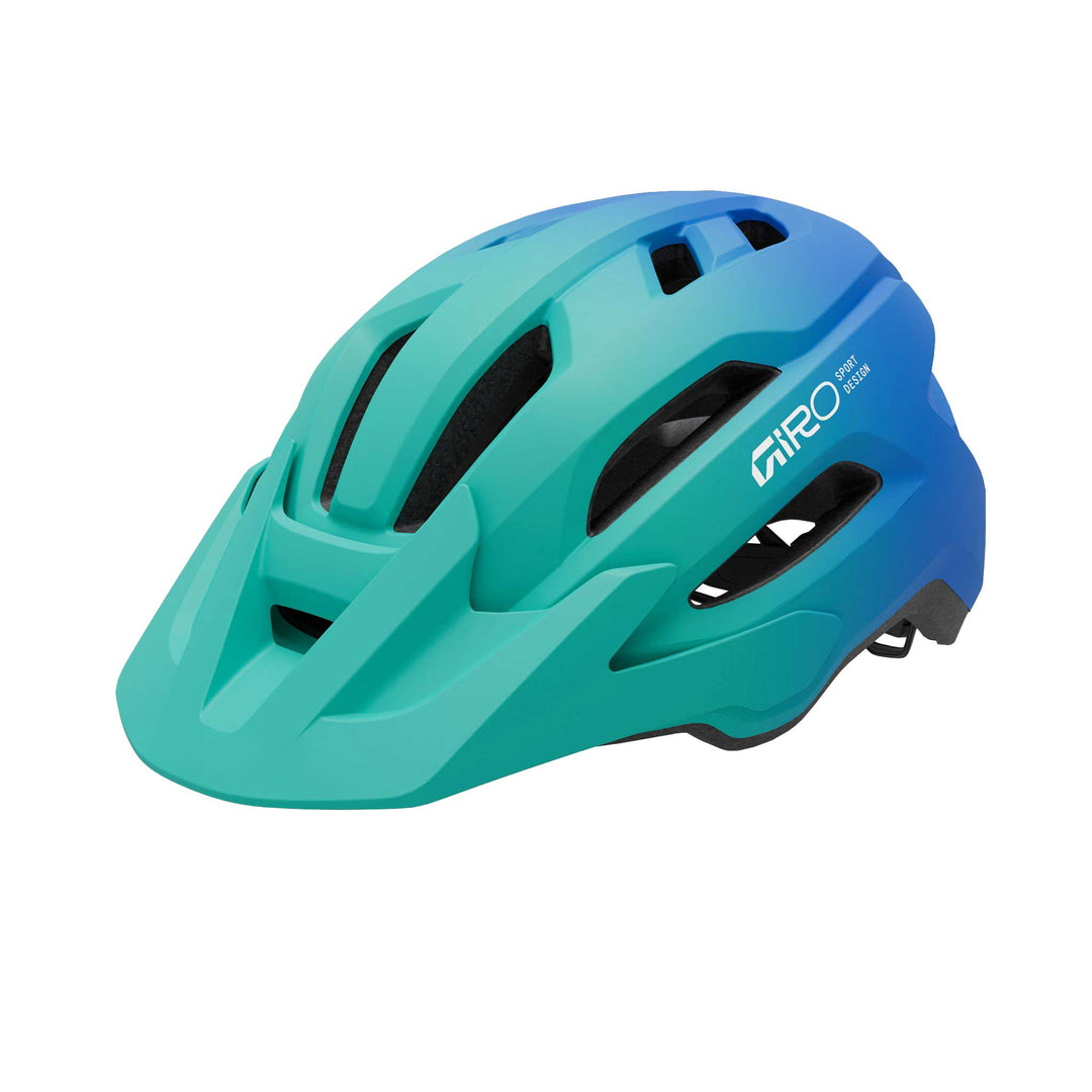 Giro Fixture MIPS II Youth mountain bike helmet in Matte Green and Blue, featuring durable trail-ready construction, extended rear coverage, multiple ventilation ports, and integrated MIPS technology for added protection and comfort for young riders.