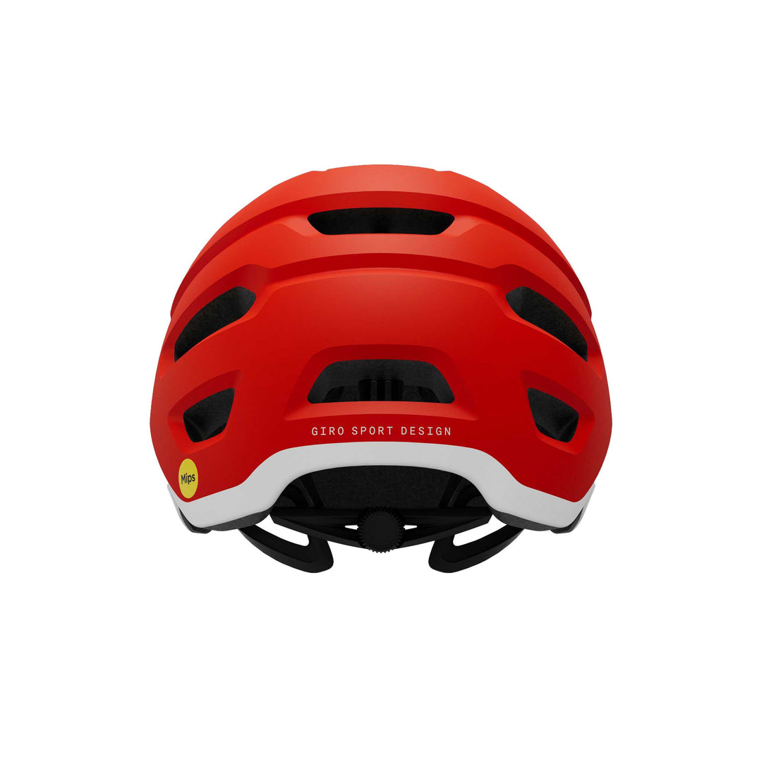 Giro Source MIPS mountain bike helmet in Matte Flame Red, featuring extended rear coverage, large ventilation channels, an adjustable visor, and integrated MIPS technology for added protection on trail rides.
