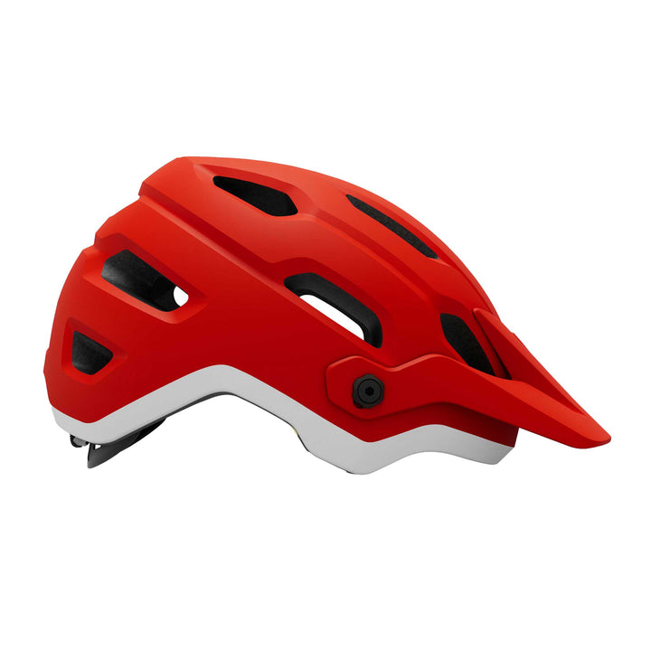 Giro Source MIPS mountain bike helmet in Matte Flame Red, featuring extended rear coverage, large ventilation channels, an adjustable visor, and integrated MIPS technology for added protection on trail rides.