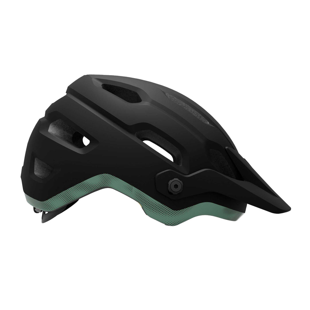 Giro Source MIPS mountain bike helmet in Matte Motion Green, featuring extended rear coverage, large ventilation channels, an adjustable visor, and integrated MIPS technology for added protection on trail rides.