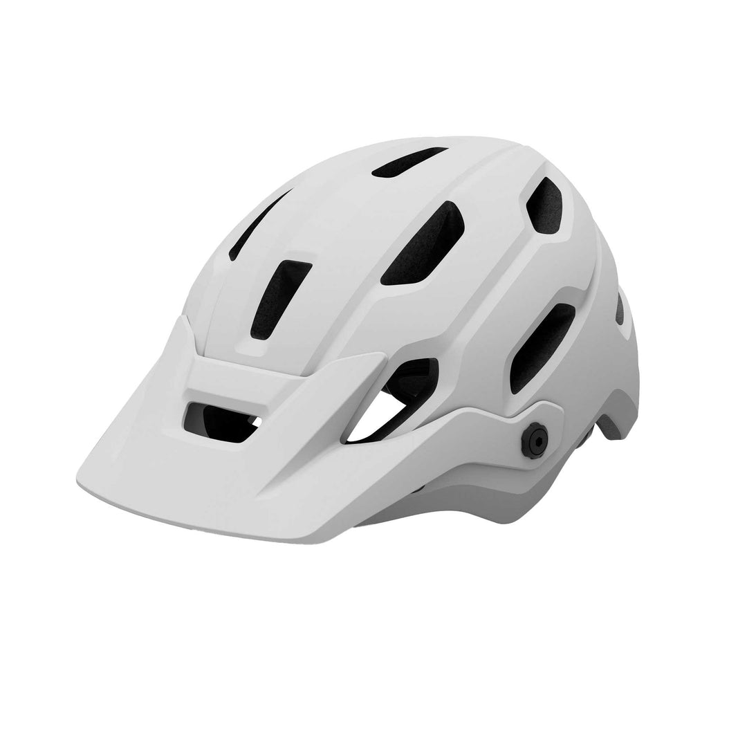 Giro Source MIPS mountain bike helmet in Matte White, featuring extended rear coverage, large ventilation channels, an adjustable visor, and integrated MIPS technology for added protection on trail rides.