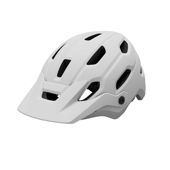 Giro Source MIPS mountain bike helmet in Matte White, featuring extended rear coverage, large ventilation channels, an adjustable visor, and integrated MIPS technology for added protection on trail rides.