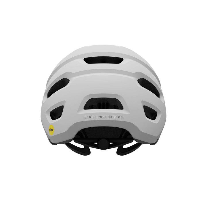 Giro Source MIPS mountain bike helmet in Matte White, featuring extended rear coverage, large ventilation channels, an adjustable visor, and integrated MIPS technology for added protection on trail rides.