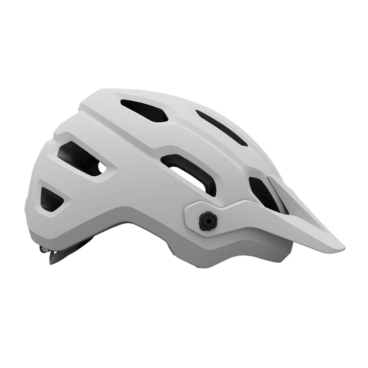 Giro Source MIPS mountain bike helmet in Matte White, featuring extended rear coverage, large ventilation channels, an adjustable visor, and integrated MIPS technology for added protection on trail rides.