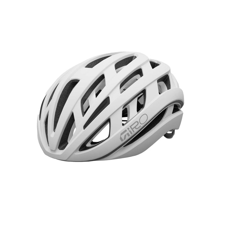 Giro Helios Spherical cycling helmet in Matte White, featuring a sleek aerodynamic design, multiple ventilation ports, and advanced impact protection technology.