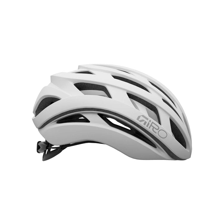 Giro Helios Spherical cycling helmet in Matte White, featuring a sleek aerodynamic design, multiple ventilation ports, and advanced impact protection technology.