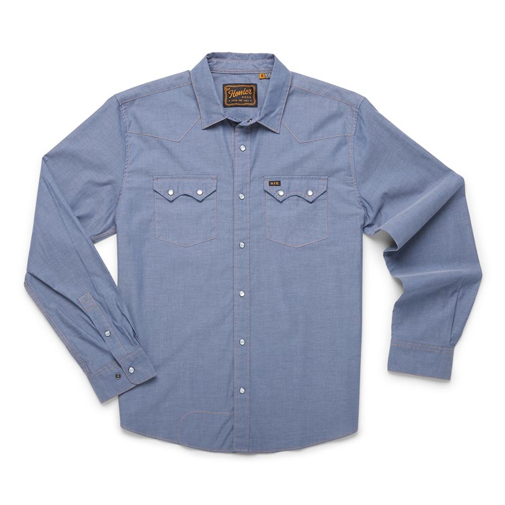 Howler Brothers Crosscut Snapshirt Mens in Classic Blue Chambray
