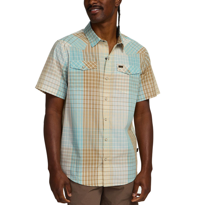 Howler Brothers Free Range Fleece Pullover Mens in Cottage Plaid Seafoam