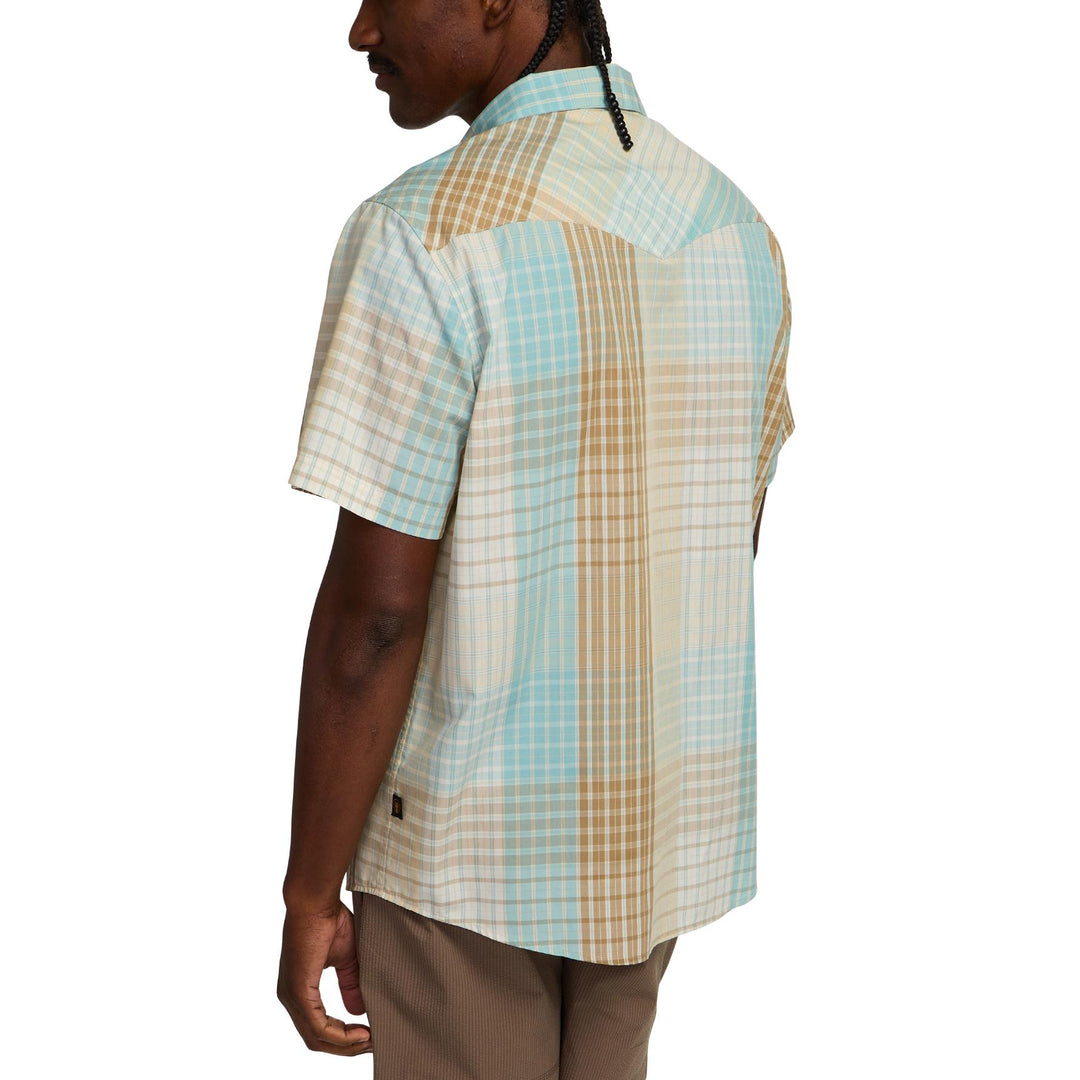 Howler Brothers Free Range Fleece Pullover Mens in Cottage Plaid Seafoam