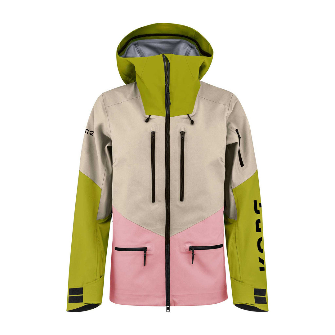 Cream, bright green, and pink ski jacket showcasing the many pockets and vents described in the description. 