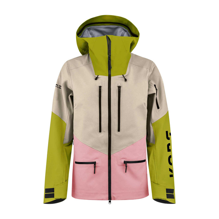 Cream, bright green, and pink ski jacket showcasing the many pockets and vents described in the description. 