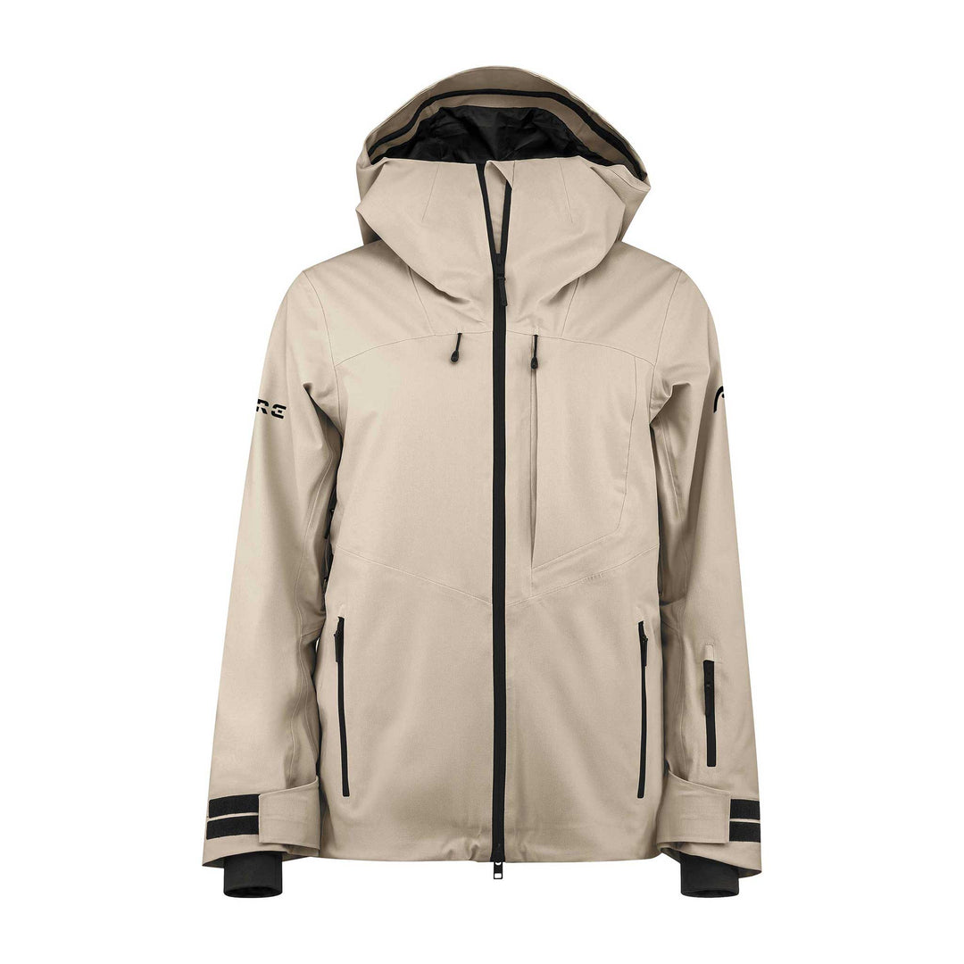 Women’s Head Kore Nordic Jacket in a cream color, shown with a longer cut and technical design features for cold-weather freeride skiing.