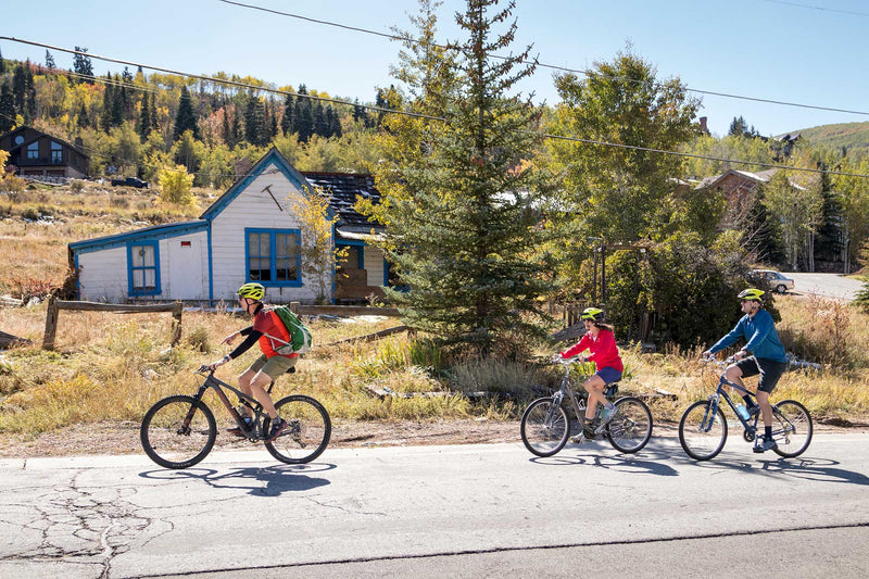 Three people riding bicycles on a road with a scenic background of trees and a small building.