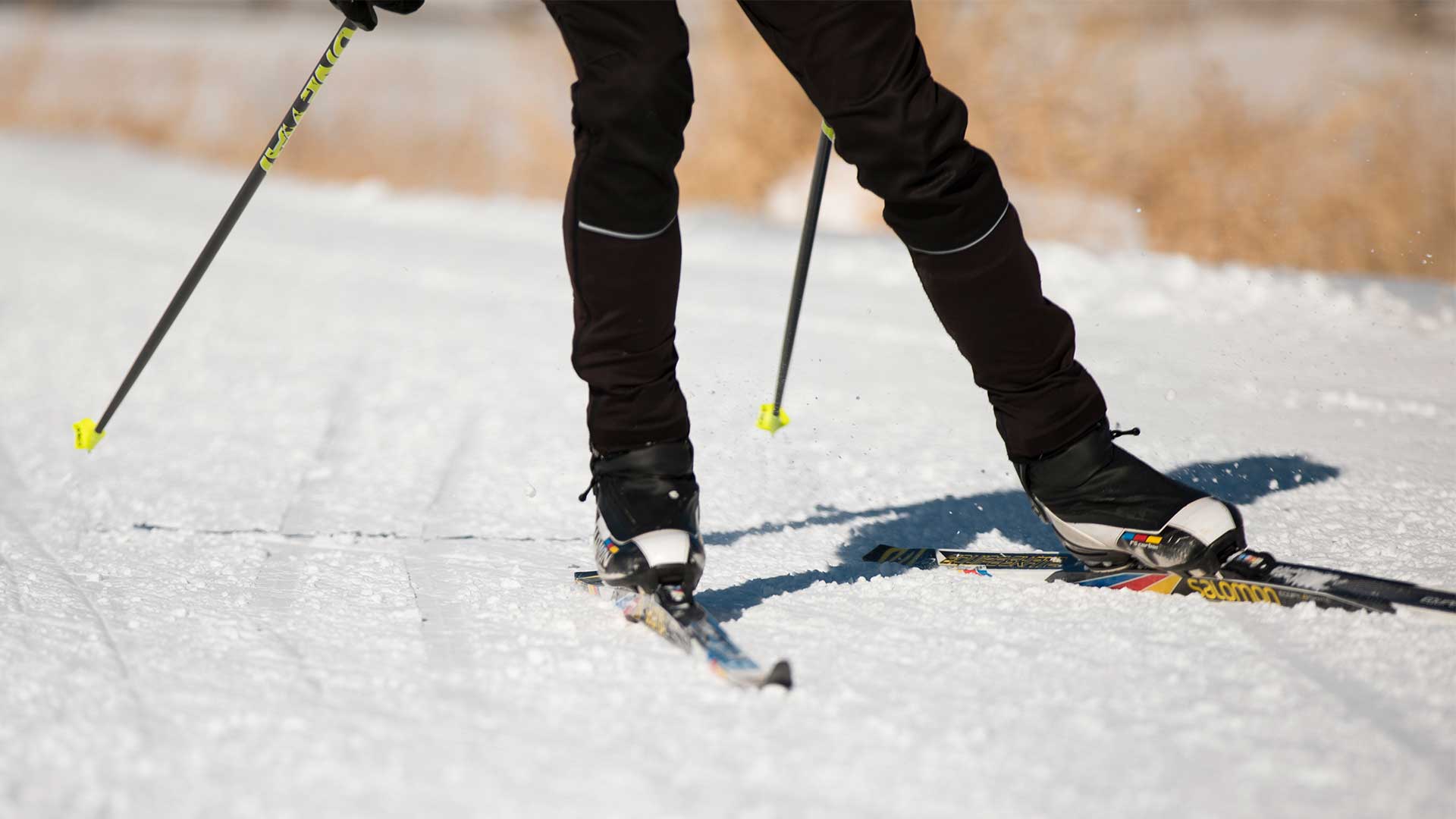 Person skiing on a snowy surface with ski poles and skis.