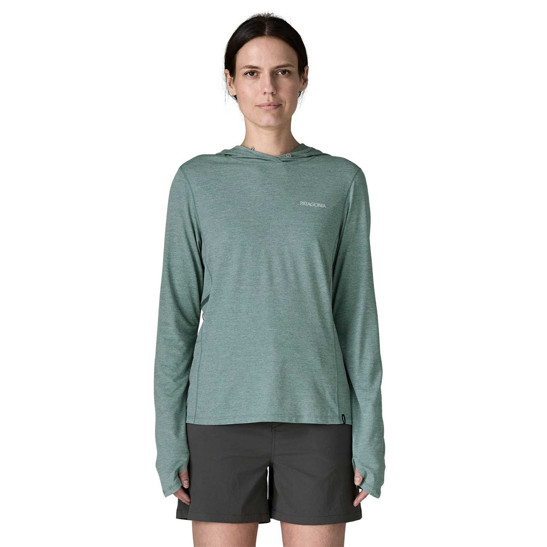 Patagonia Cap Cool Sun Hoody Peak Visions Women's in Nouveau Green Blue Sage X-Dye 