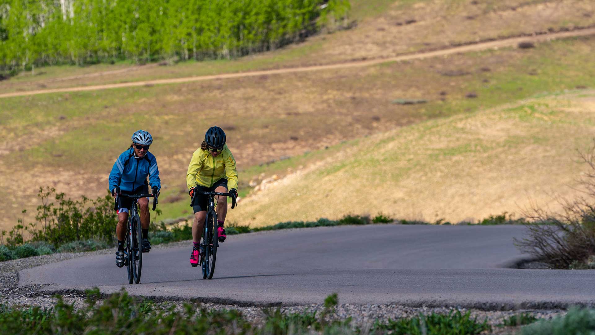 Two cyclists riding on a paved road with a scenic background of trees and fields.