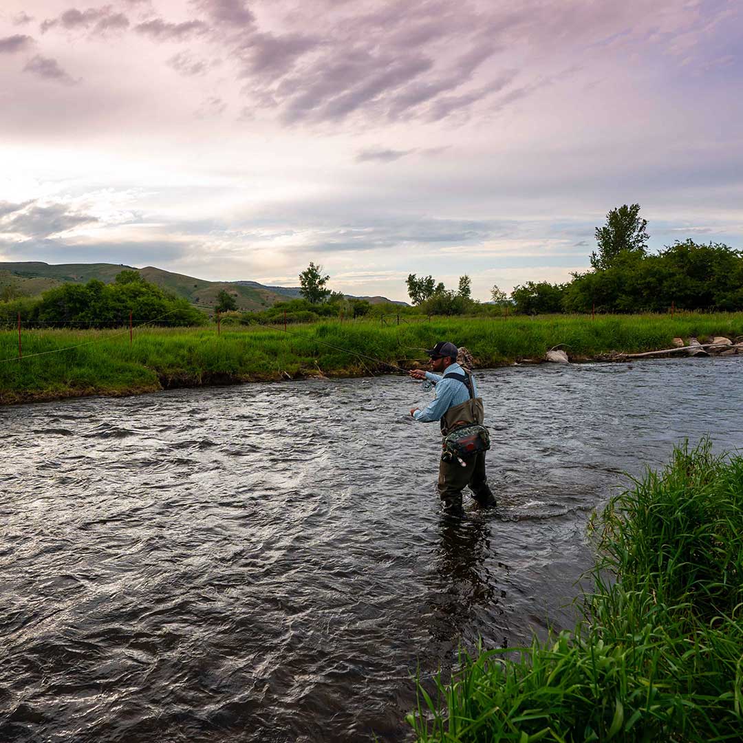 Jans guide fly fishing in a river with a scenic background of mountains and trees.