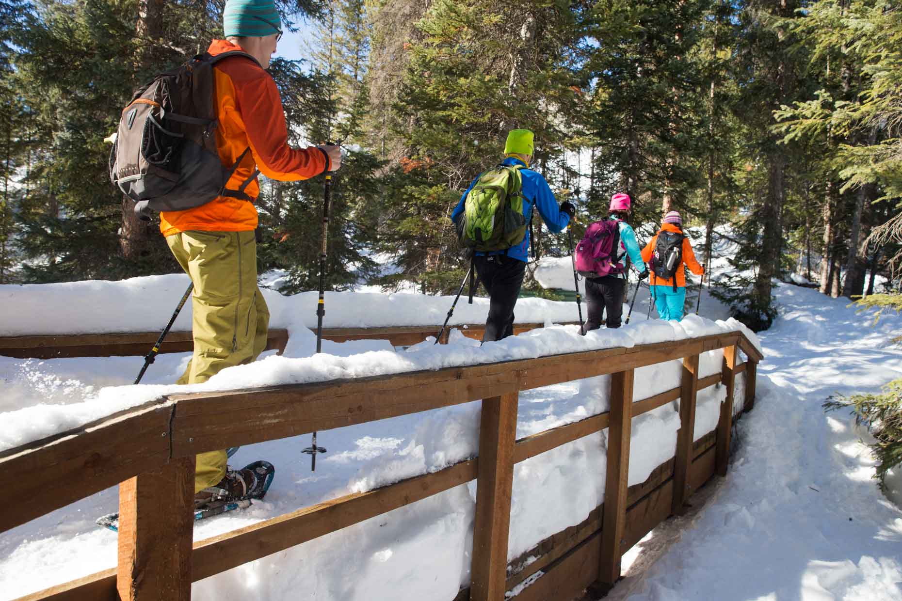 A group snowshoeing on a guided tour in the Uinta Mountains near Park City, Utah.