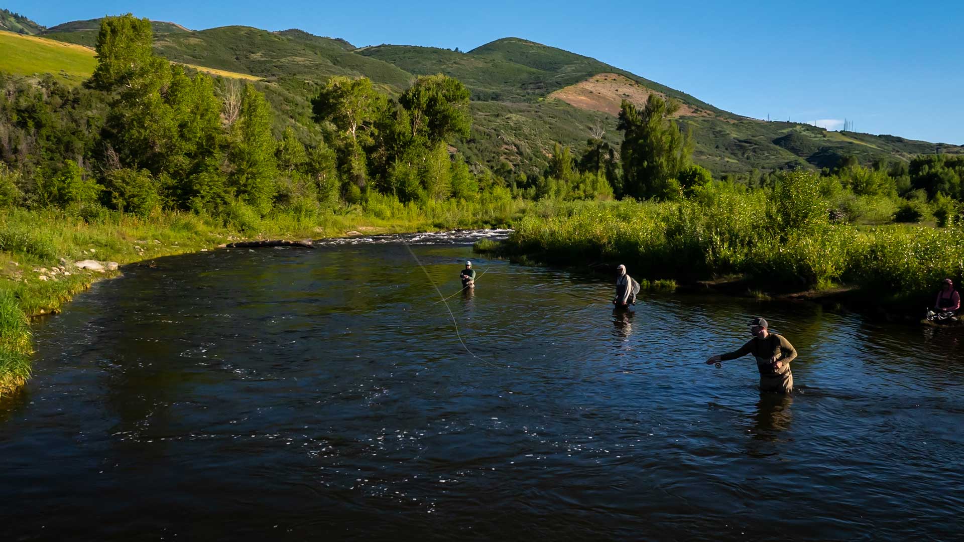 People fishing in a river with mountains and greenery in the background
