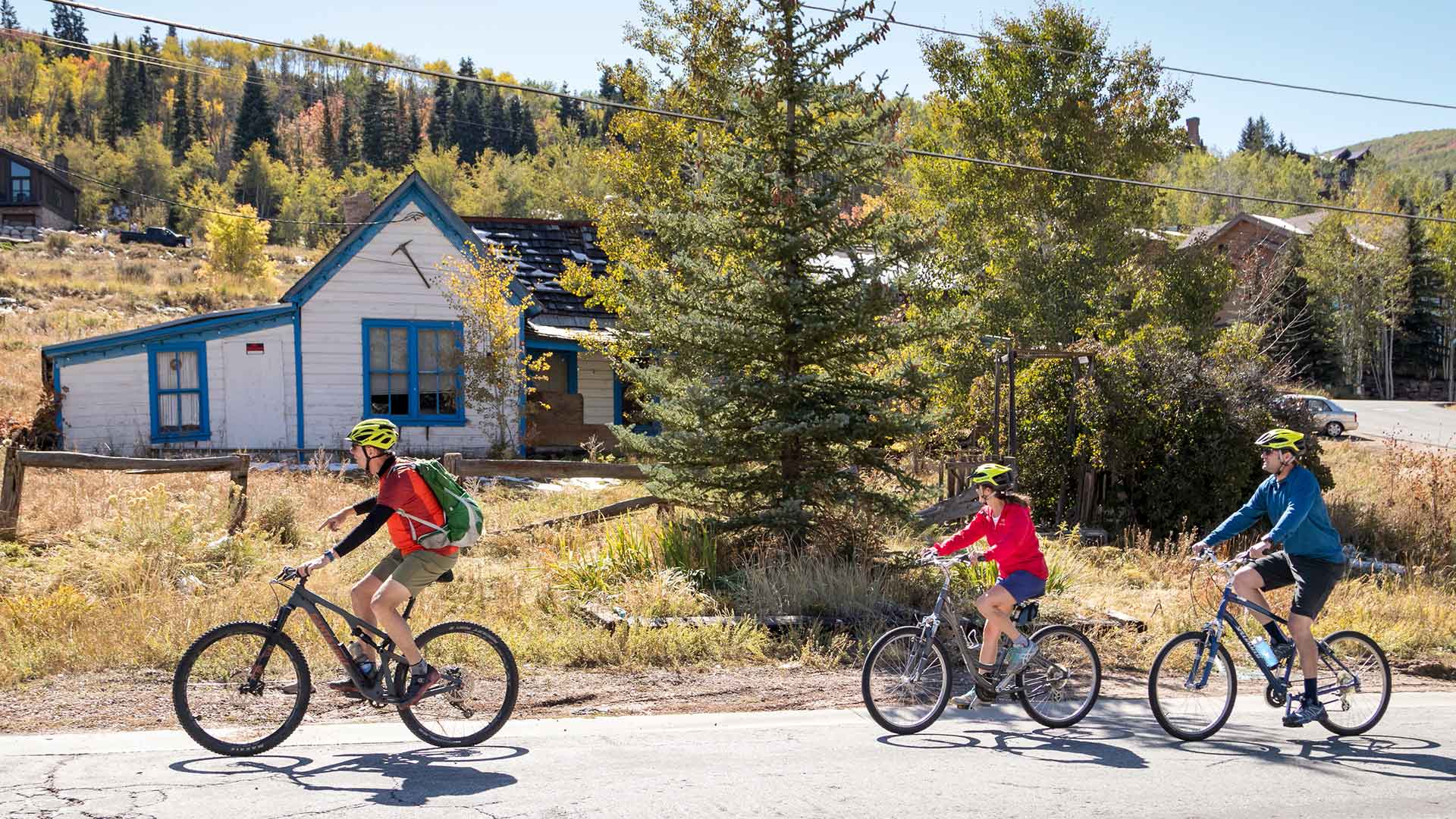 Three people riding bicycles on a road with a scenic background of trees and a house.
