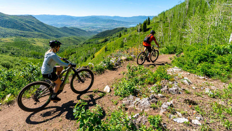 Two mountain bikers riding on a dirt trail through a lush green mountain landscape under a clear blue sky.